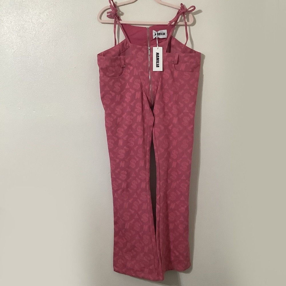 Namilia‎ Pink Club Rave Festival McBling Monogram Denim Thong Pants Jeans XL